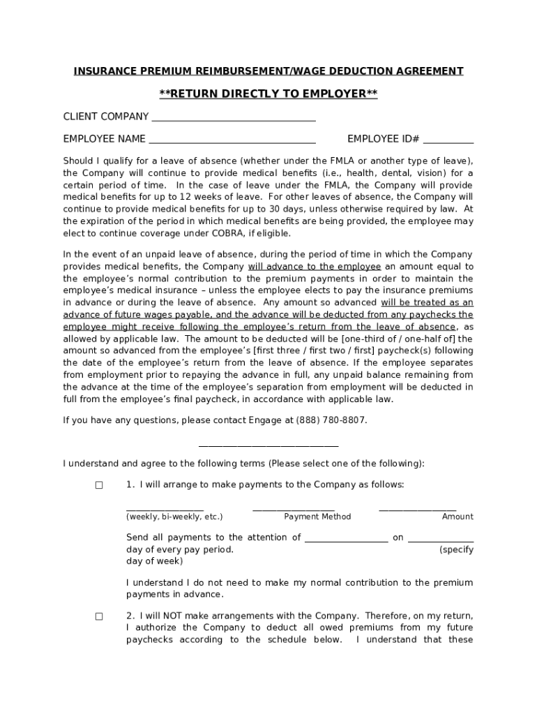 INSURANCE PREMIUM REIMBURSEMENT/WAGE DEDUCTION AGREEMENT Doc Template