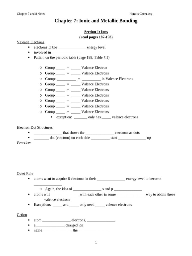 Chemistry Chapter 7 Test; Ionic and Metallic Bonding Doc Template