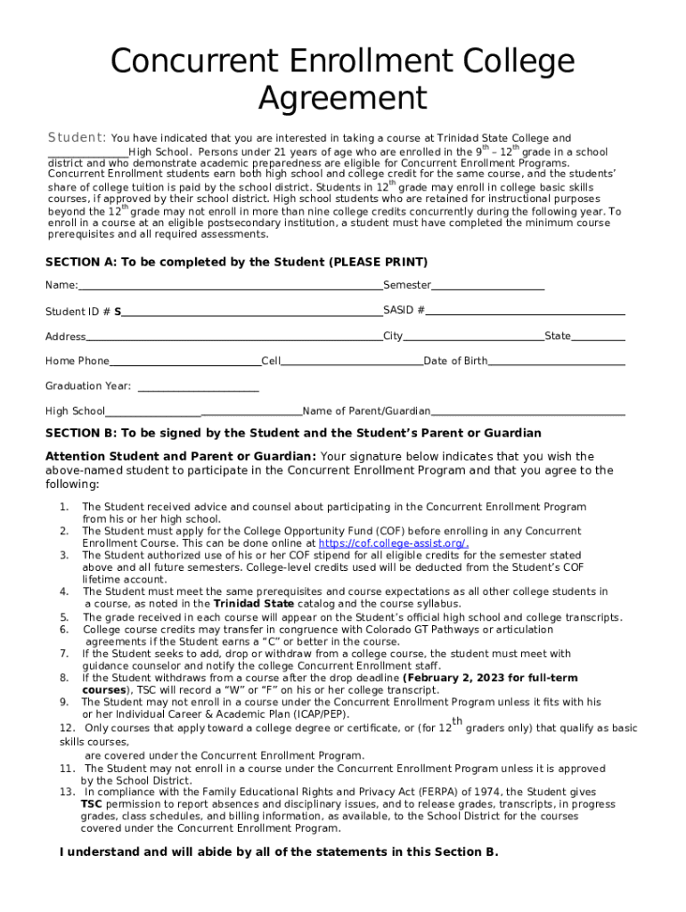 Concurrent Enrollment Agreement Trinidad State College Doc Template