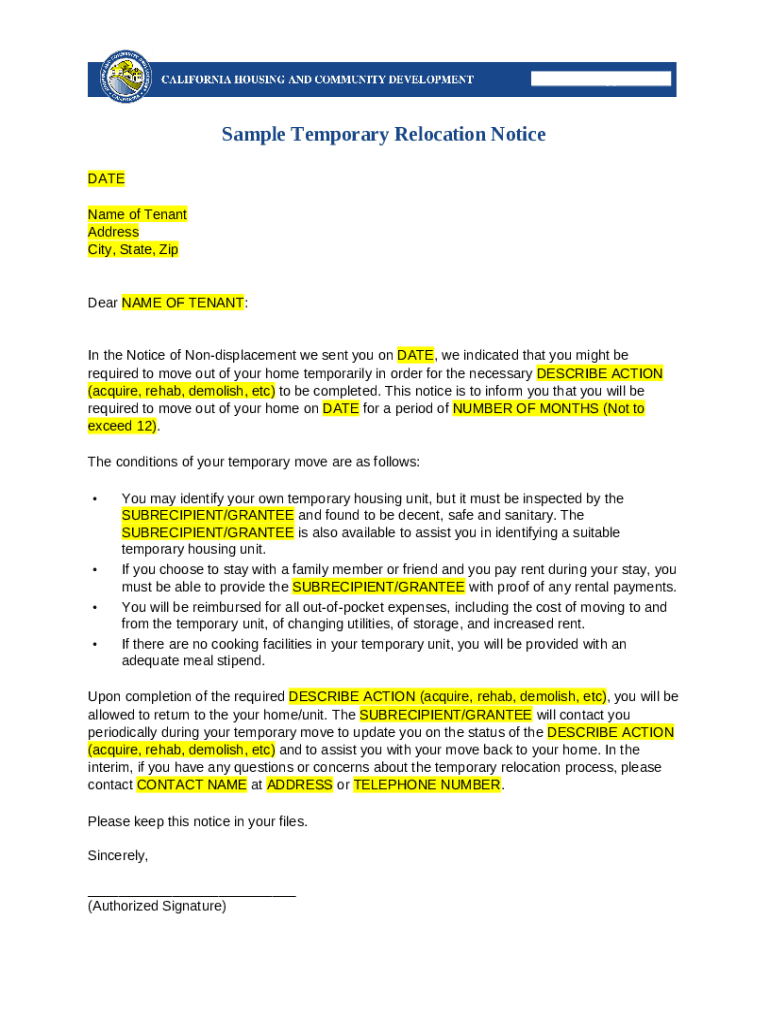 Sample Temporary Relocation Notice Doc Template pdfFiller