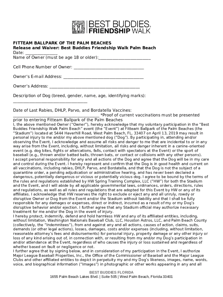 Release and Waiver: Best Buddies Friendship Walk Palm Beach Doc ...