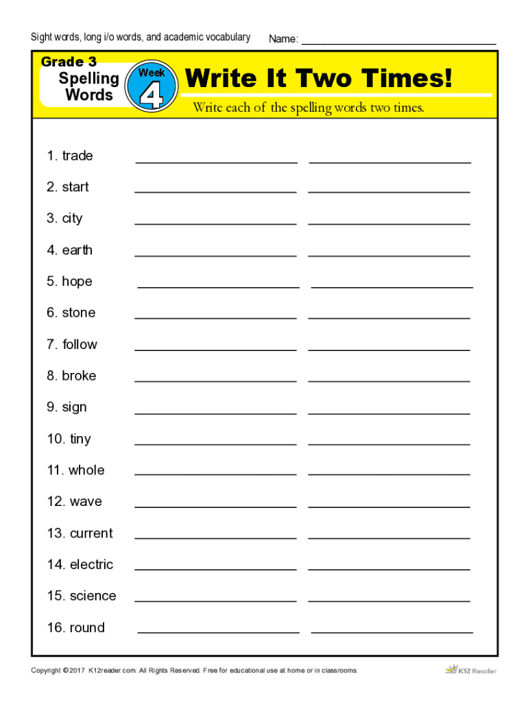 Fillable Online Third Grade Spelling Words List - Week 4 - K12Reader ...