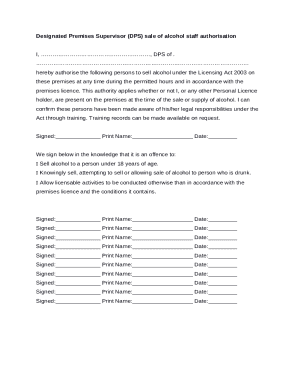 Sale of alcohol staff authorisation (example)