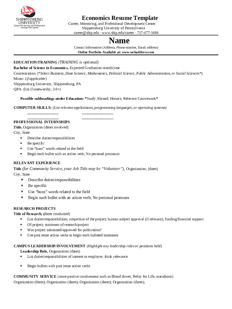 Economics Resume Template Preview on Page 1