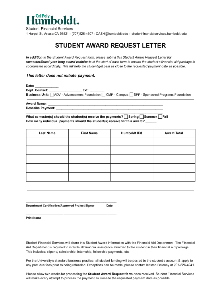 Fillable Online STUDENT AWARD REQUEST LETTER Fax Email Print - pdfFiller