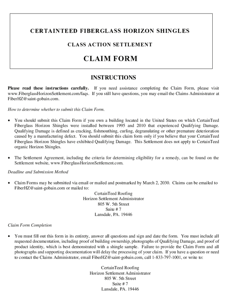Fillable Online CertainTeed Shingle Settlement Completing the Claim