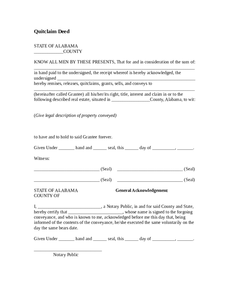 QUIT CLAIM DEED STATE OF ALABAMA COUNTY OF Doc Template | pdfFiller