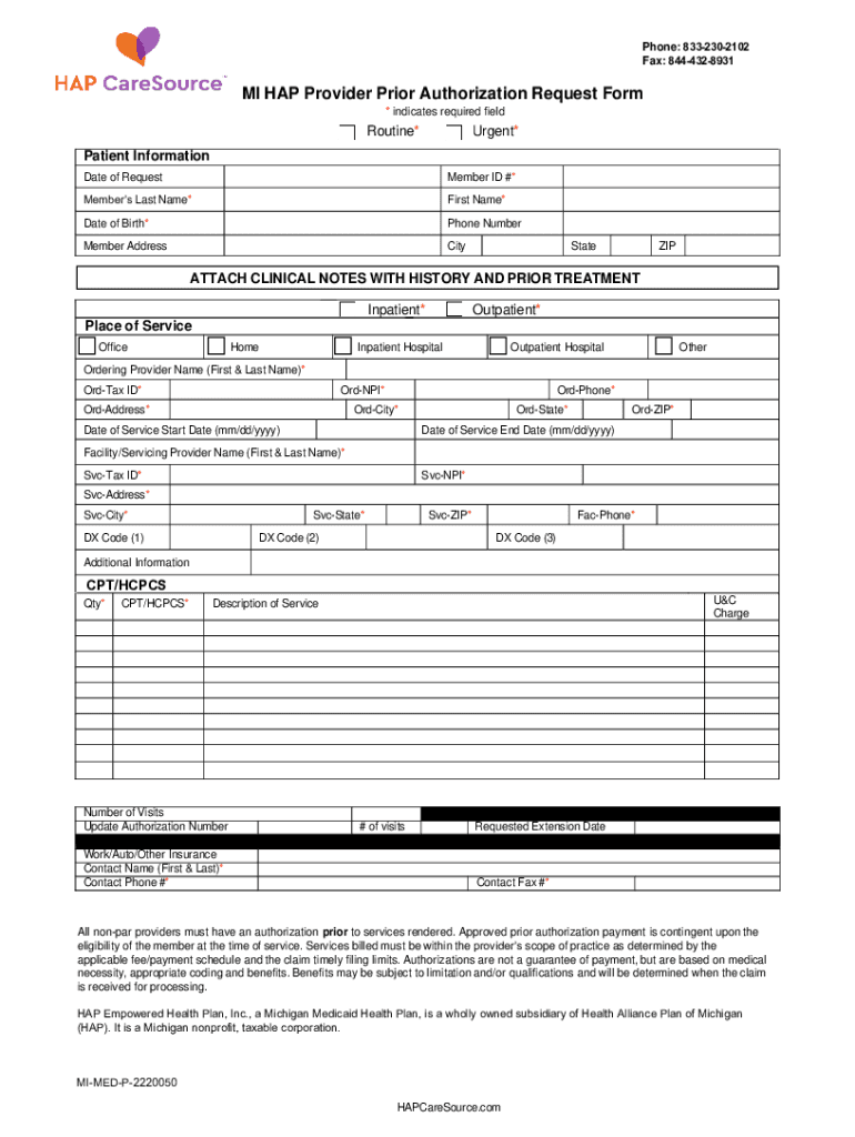 MI HAP Provider Prior Authorization Request Form Preview on Page 1