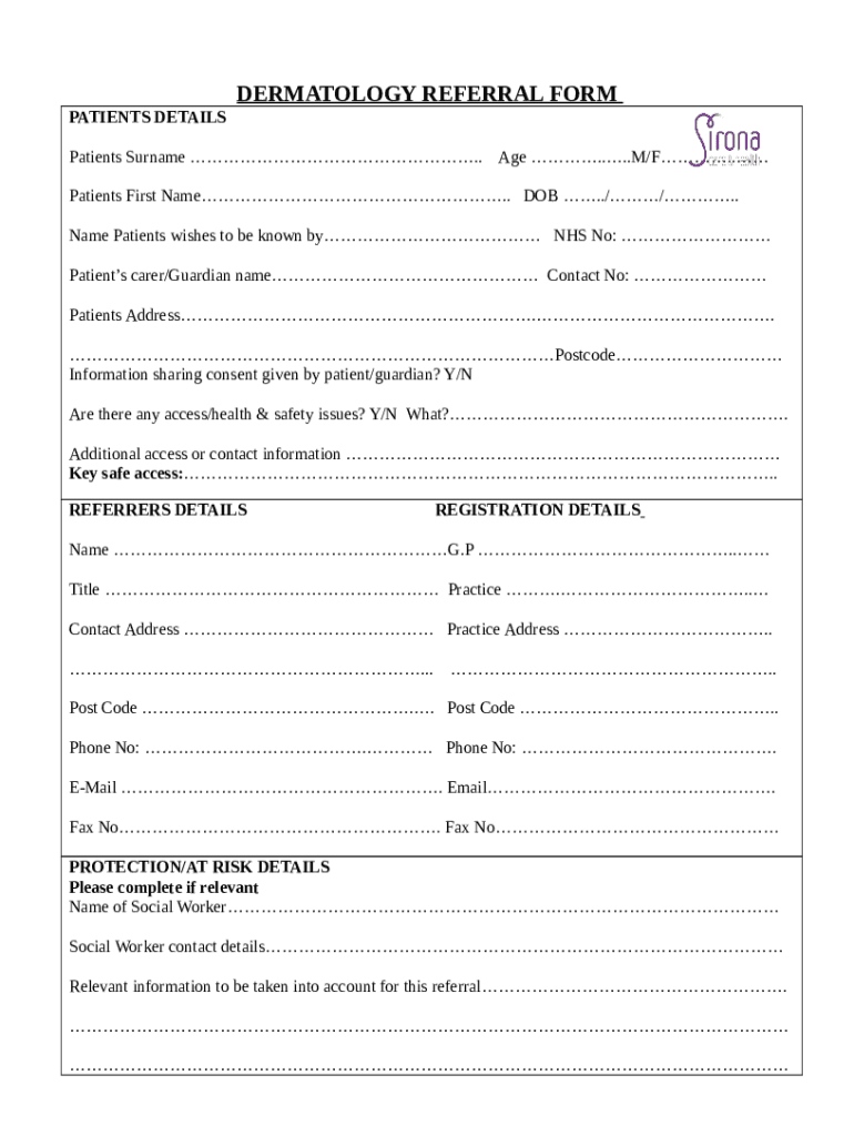 Dermatology Referral Patient Details Referring GP Doc Template pdfFiller