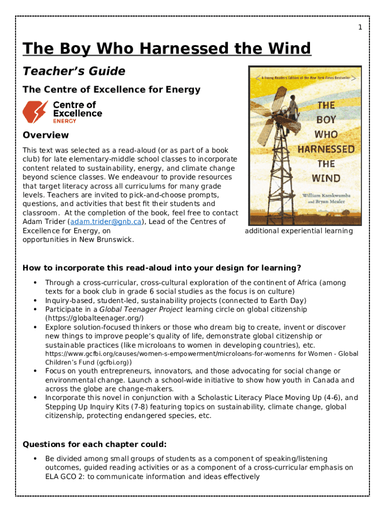 The Boy Who Harnessed The Wind Read Aloud Read-Aloud Teacher's GuideThe Boy Who Harnessed Doc Template