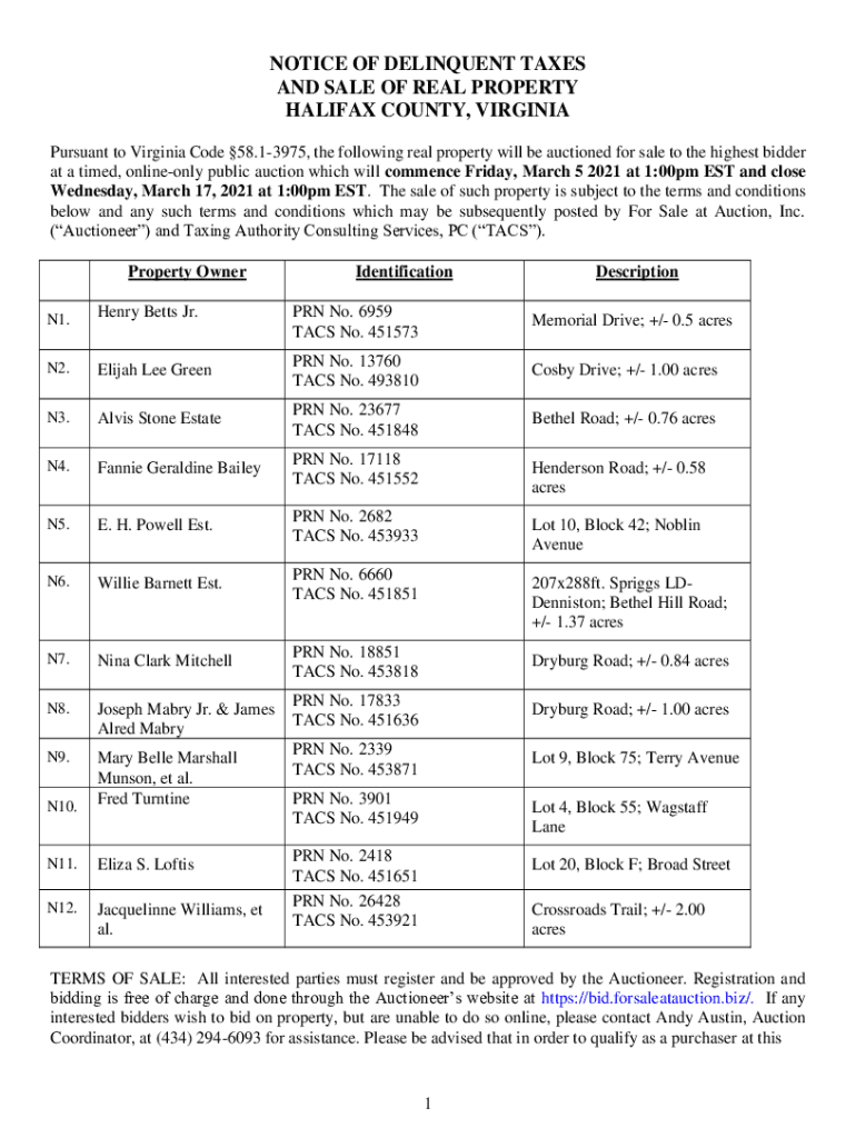 Fillable Online Halifax County VA Sale of Tax Delinquent Real Estate