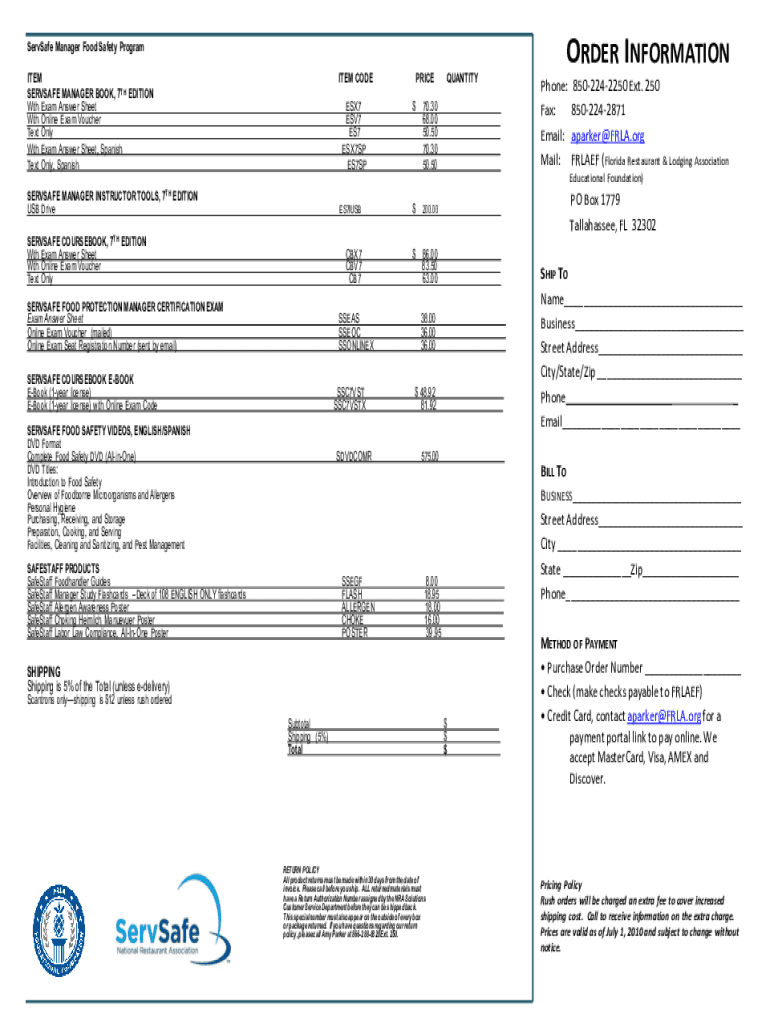 Fillable Online ServSafe Manager Book 7th Ed. Spanish w/ answer sheet ...