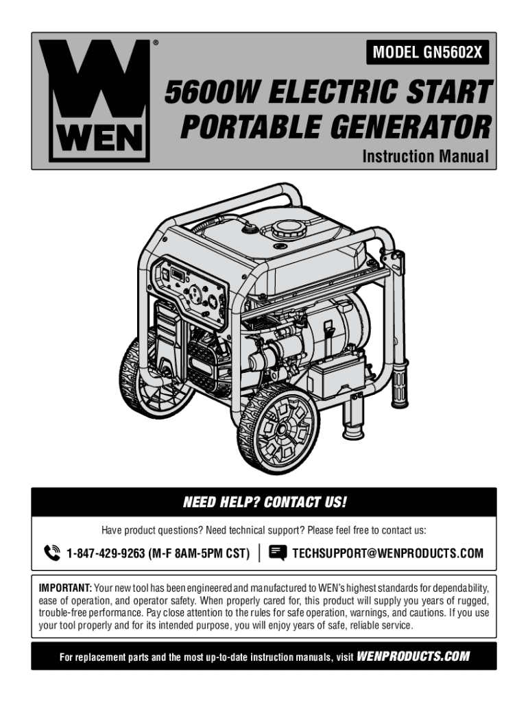 Fillable Online WEN GN5602X 5600Watt Portable Generator, Electric