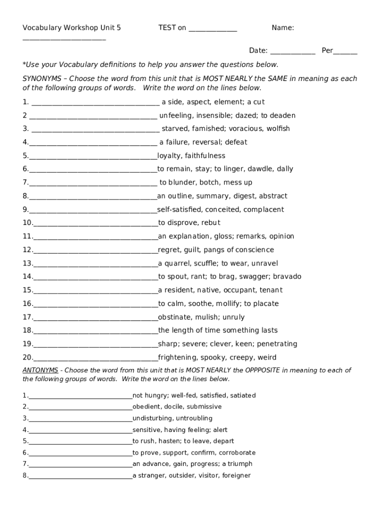 Practice Tests for Vocabulary Level D Unit 5 Doc Template