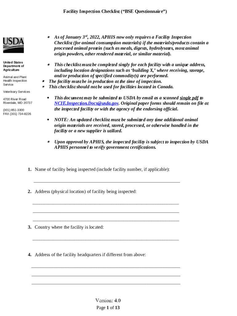 Facility Inspection Checklist (BSE Questionnaire) Doc Template pdfFiller