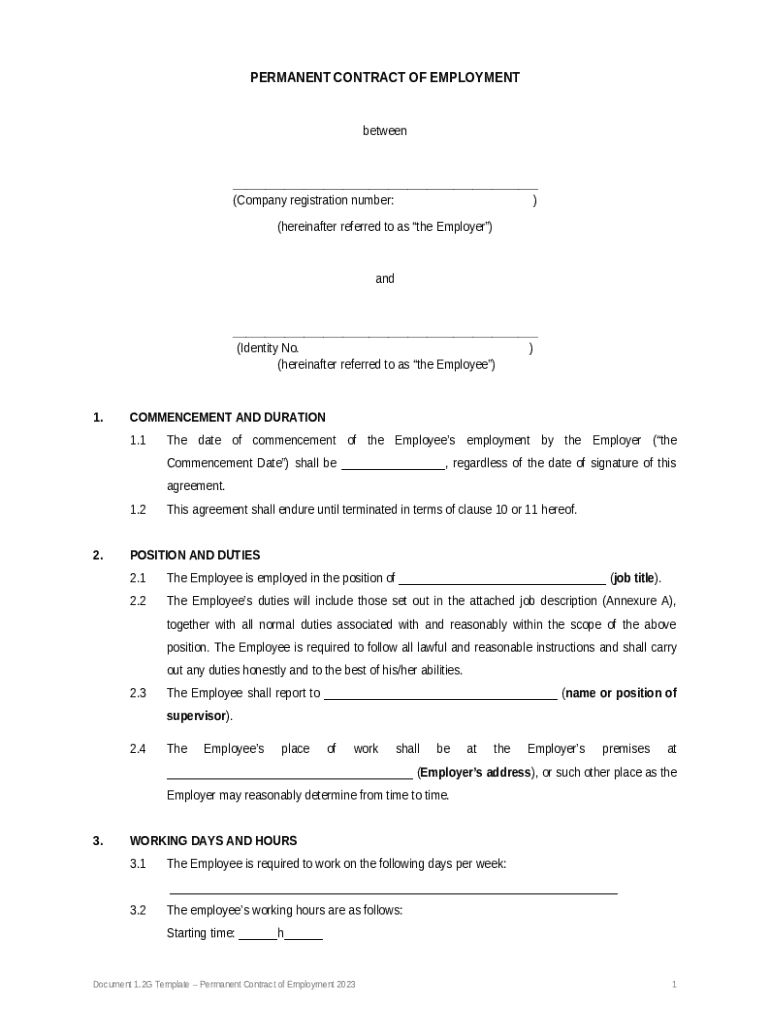 Template Permanent Contract of Employment Doc Template pdfFiller