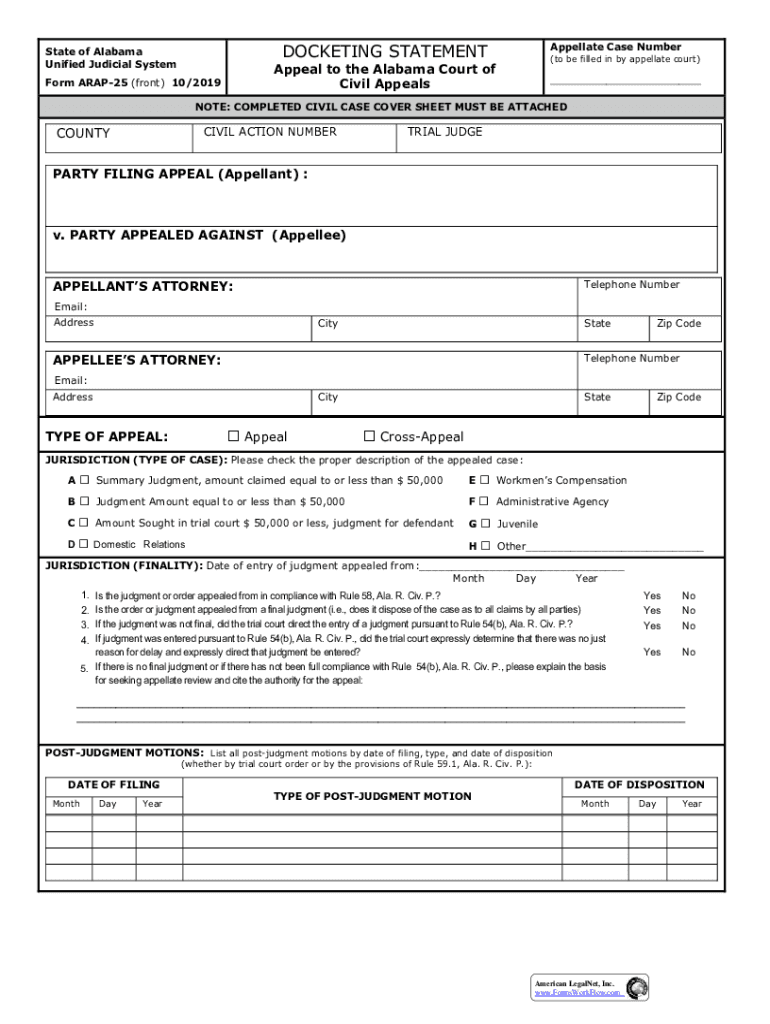 Docketing Statement (Appeal to the Alabama Court of Civil Preview on Page 1