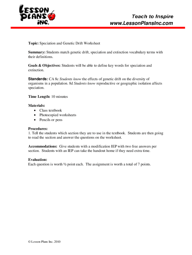 Fillable Online Genetic Drift Worksheet Answer Key Pdf Fax Email Print