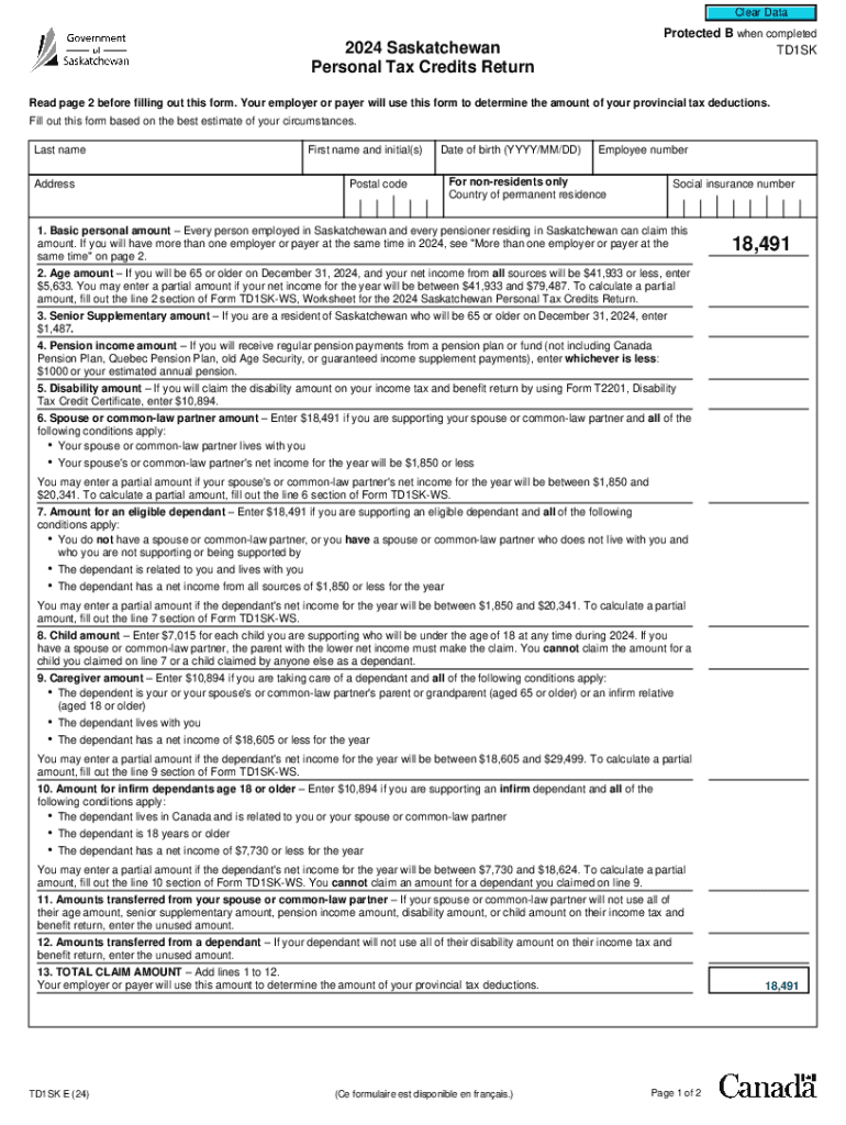 2024 saskatchewan personal tax credits return Preview on Page 1