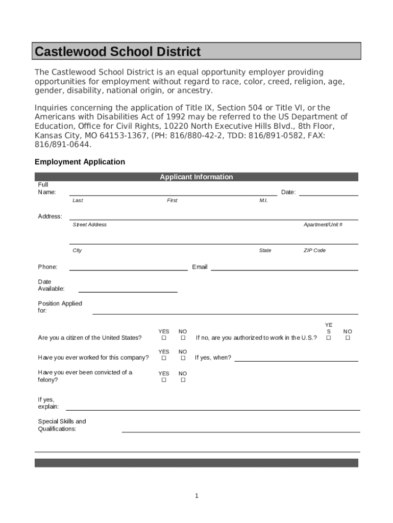 Castlewood School Employment Application Doc Template pdfFiller