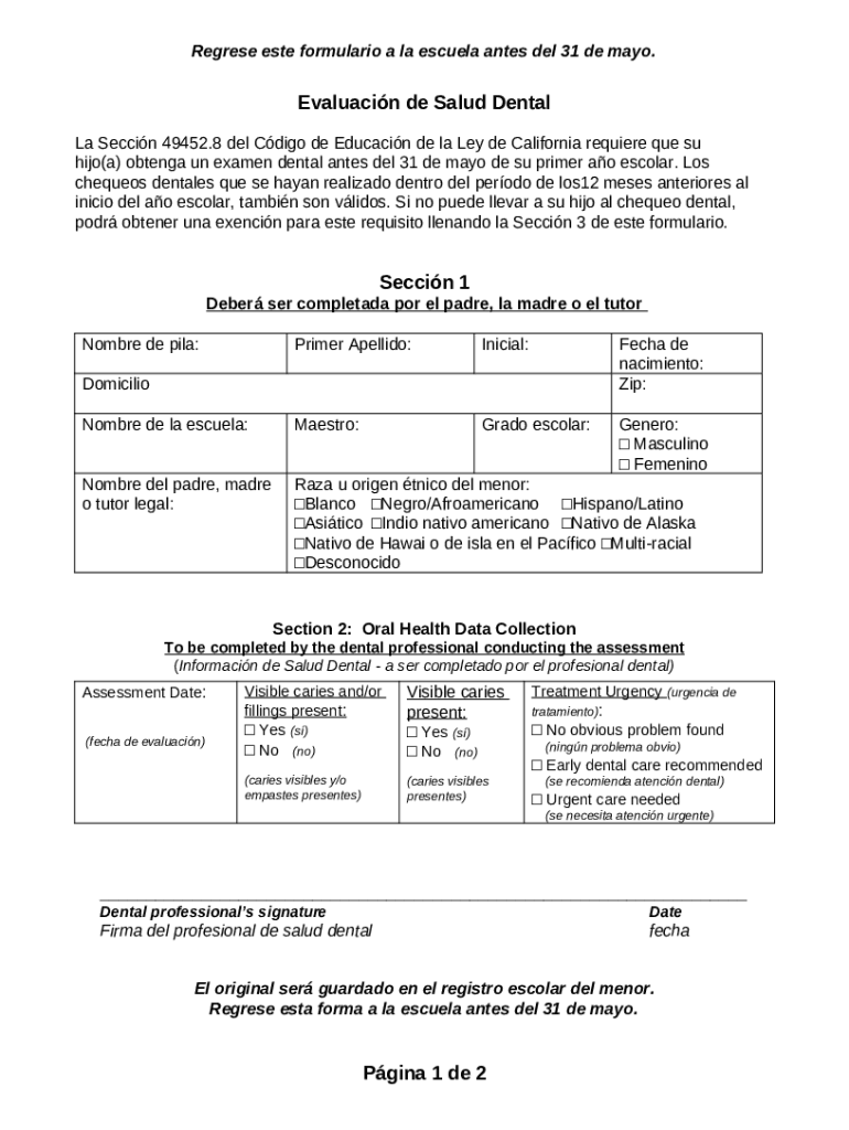 Oral Health Assessment Spanish Doc Template | pdfFiller