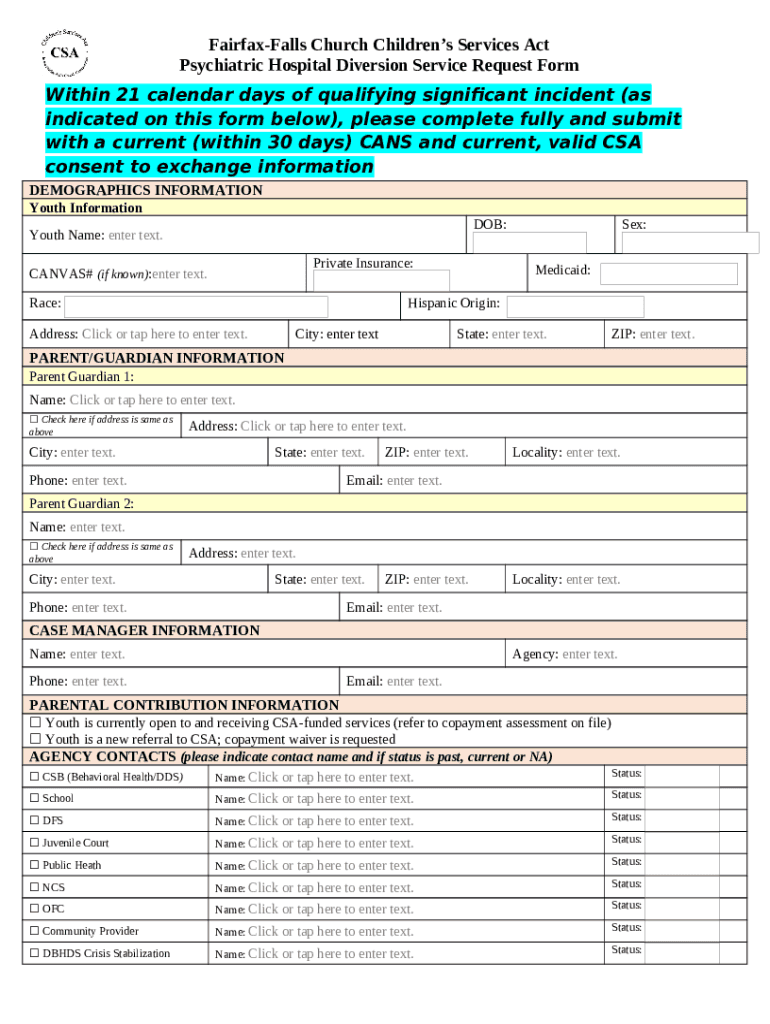 Psychiatric Hospital Diversion Service Request Doc Template pdfFiller