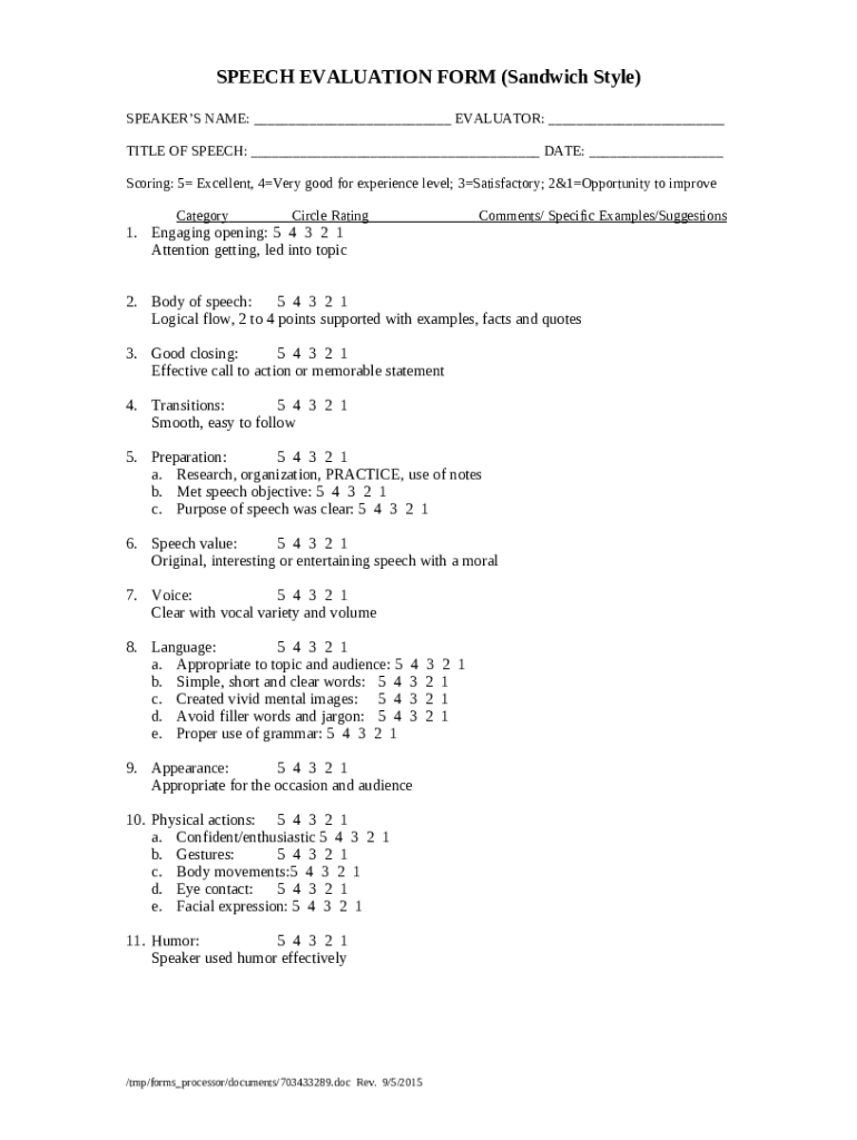 Speech Evaluation Form - Blank Fillable Template | Fill Out, Print ...