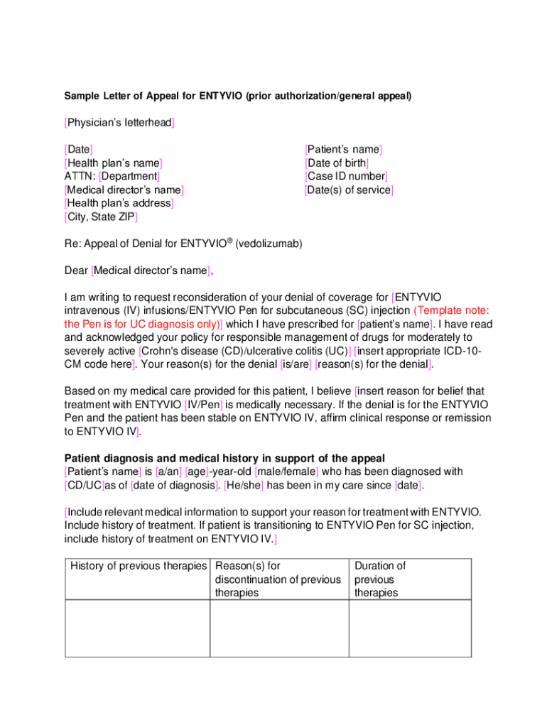 Fillable Online Appeal Letter for Rejected Claim ENTYVIO (vedolizumab