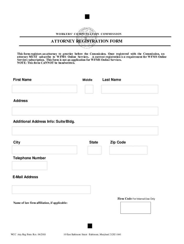 Fillable Online wcc state md MDWCC Attorney Registration Form 4/2018