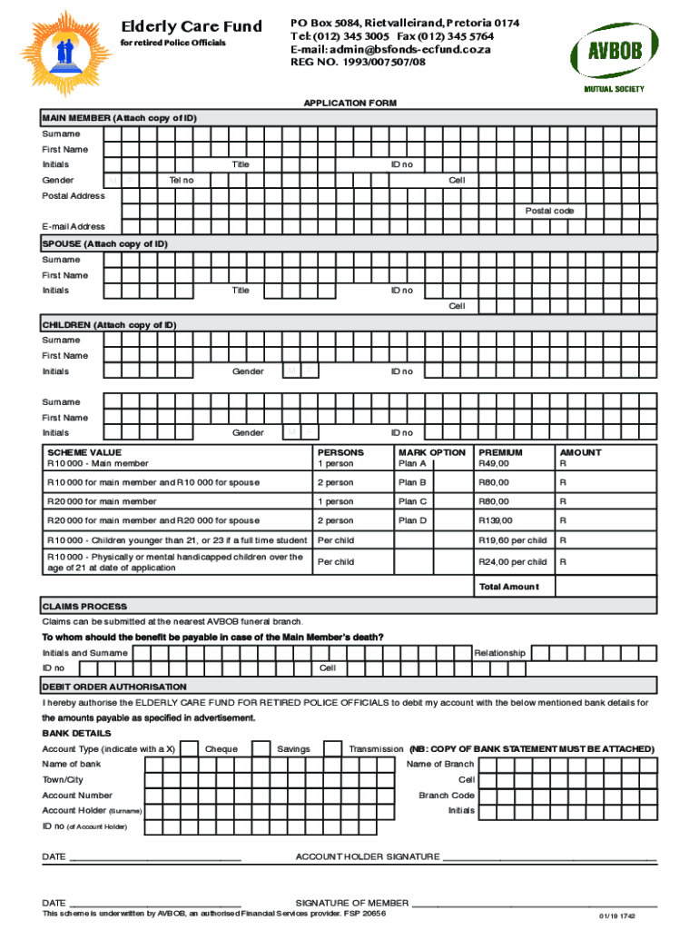 Fillable Online Elderly Care Fund AVBOB Application Form Fax Email Print pdfFiller
