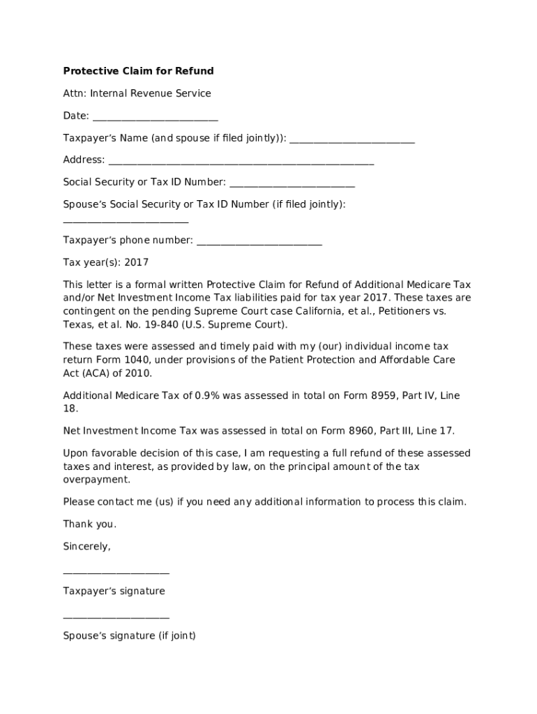 ACA Protective Refund Claim Letter Doc Template pdfFiller