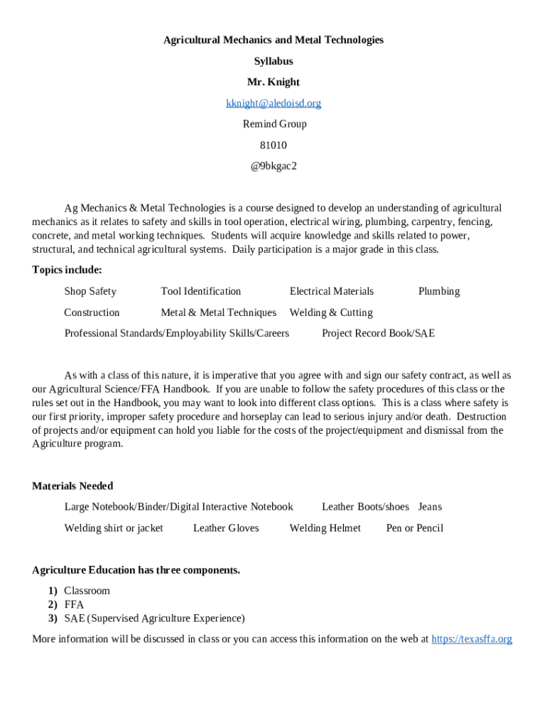 Agricultural Mechanics and Metal Technologies, for grades 9 Doc