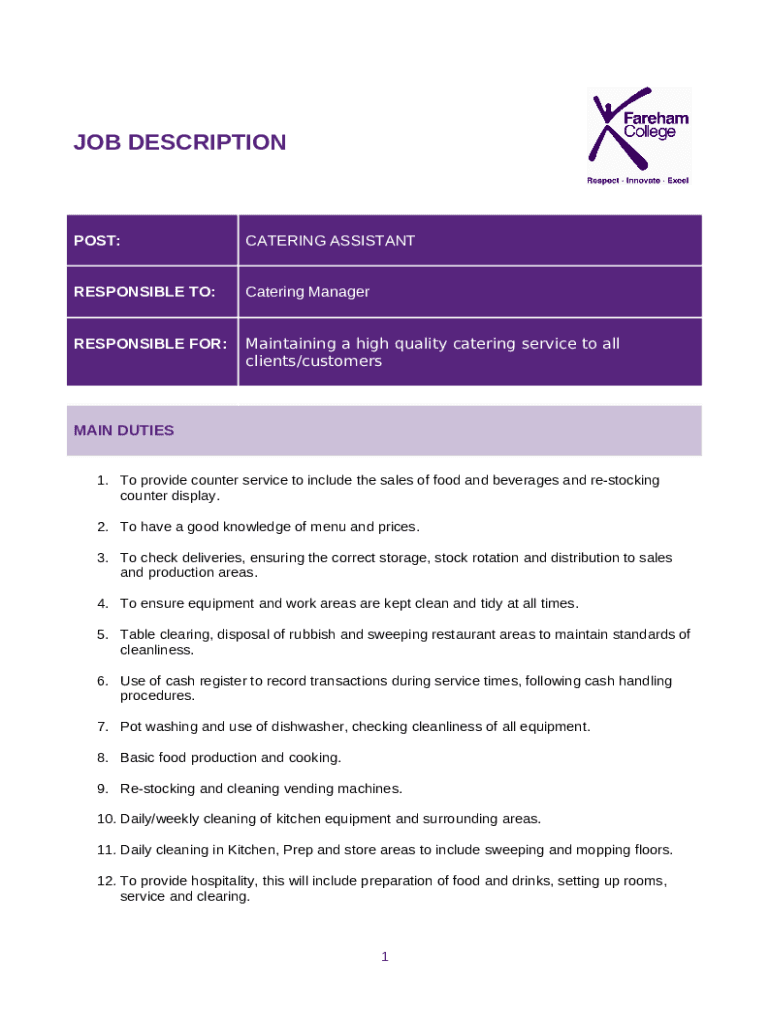 Best Catering Assistant Job Description Template Doc Template pdfFiller