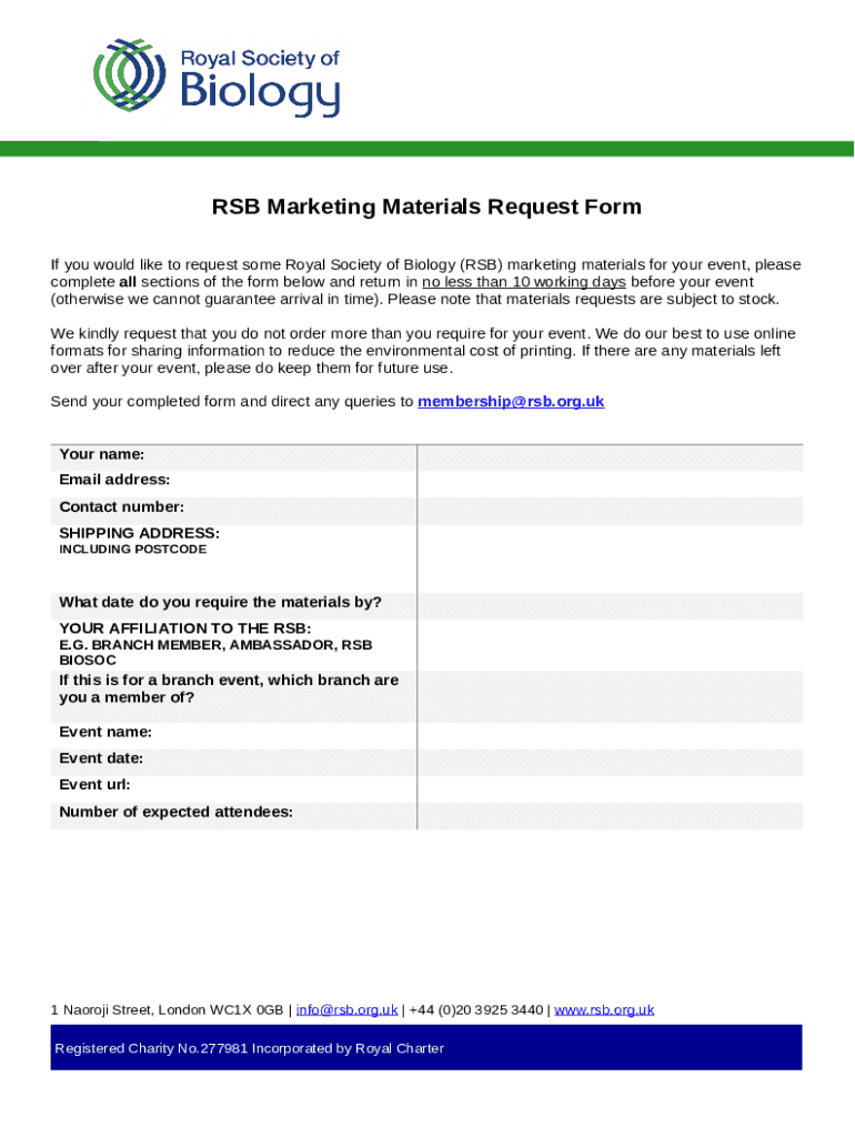 RSB Marketing Materials Request Doc Template pdfFiller