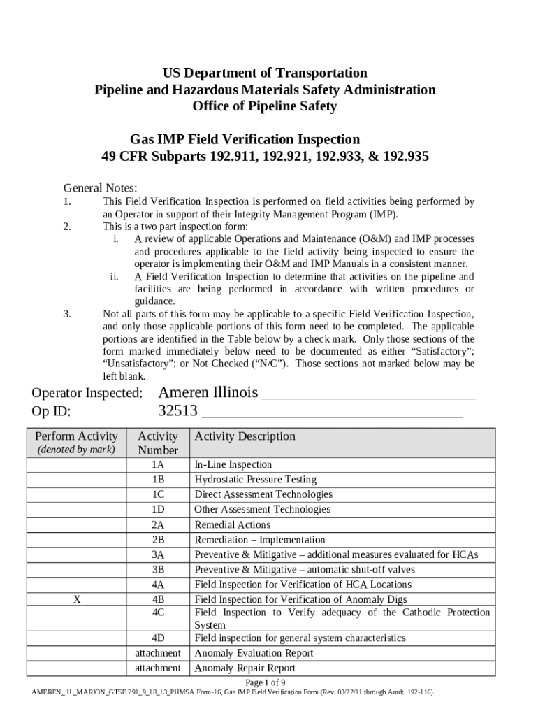 This Field Verification Inspection is pered on field activities being pered by an Operator in