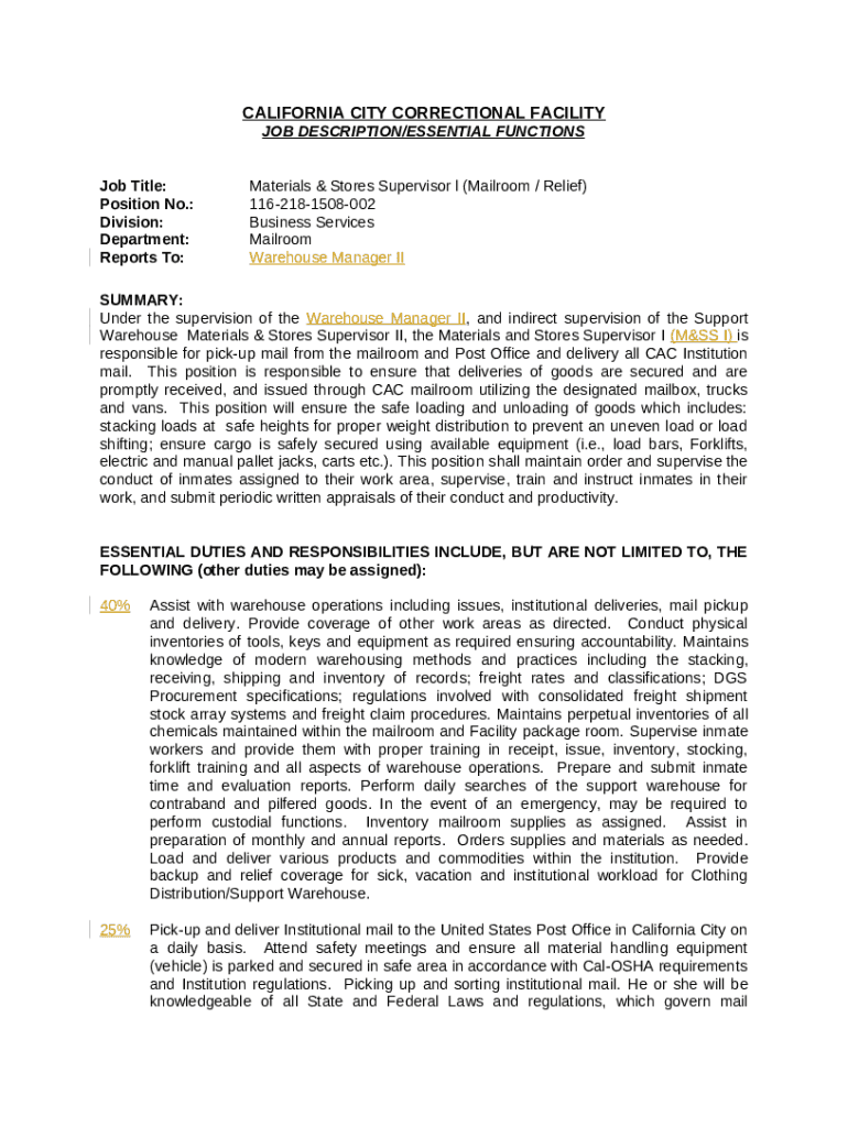 Job Posting Materials and Stores Supervisor I CalCareers Doc