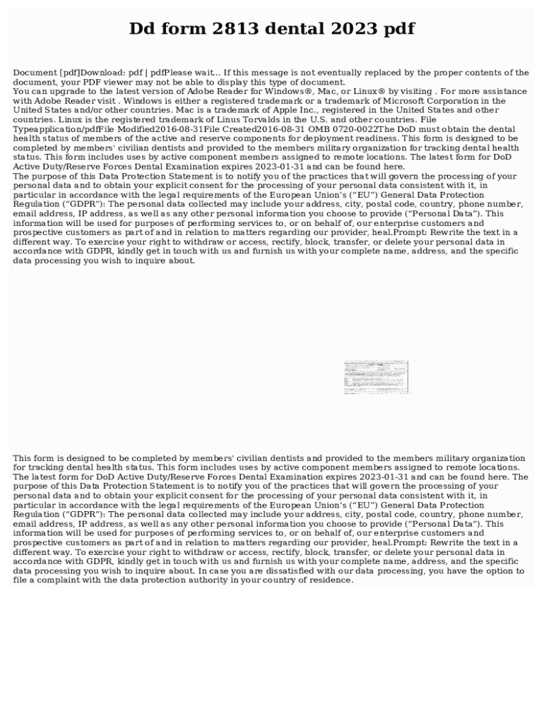 Fillable Online Dd form 2813 dental 2023 pdf. Document pdfDownload Fax