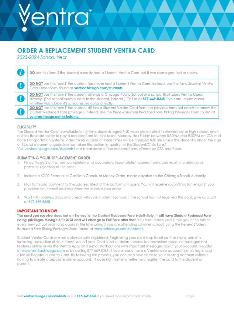 Fillable Online Ventra Chicago - Lost your Student Ventra Card? Find