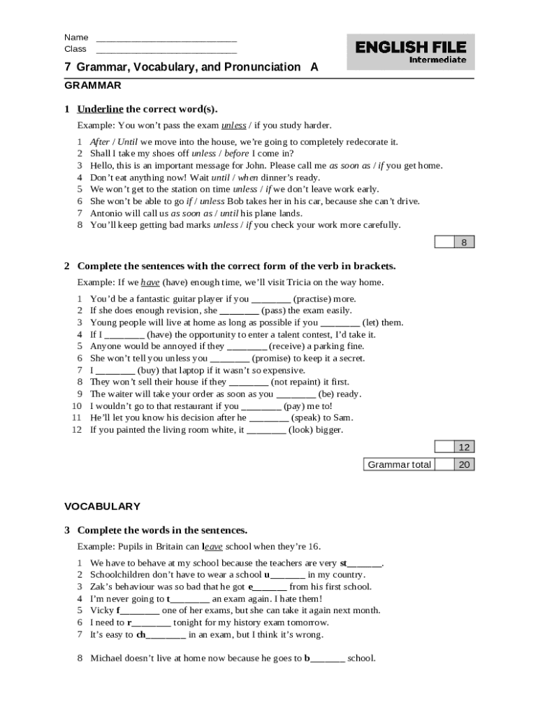 File Test 7: Grammar 1 Underline The Correct Word(s) Doc Template ...