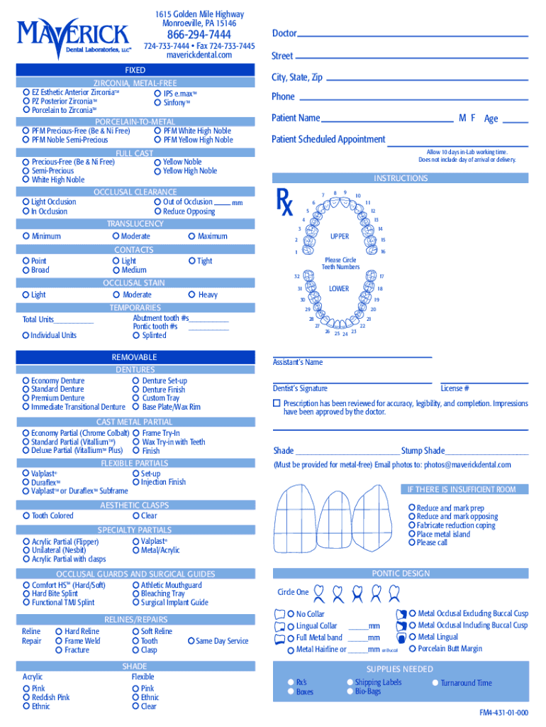 Fillable Online Maverick Dental Laboratory FullService Excellence