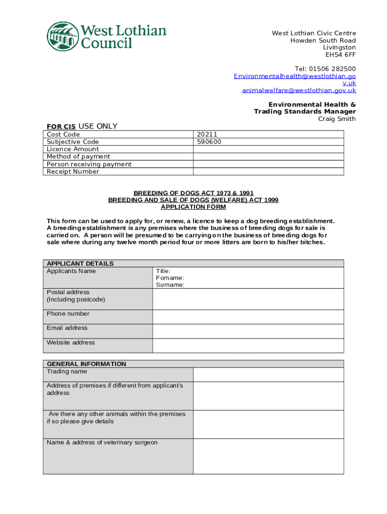 Dog breeding licence s Download Doc Template pdfFiller