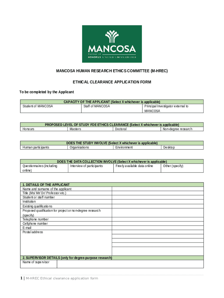 MANCOSA Ethical Clearance Application Template Doc Template pdfFiller