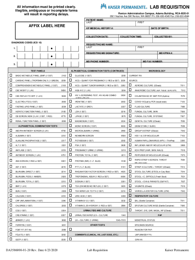 Fillable Online Lab Requisition FormKaiser Permanente Washington. Lab ...