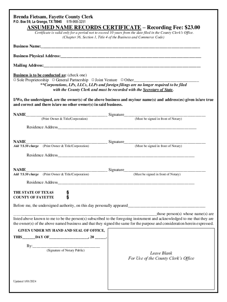 Fillable Online ASSUMED NAME RECORDS CERTIFICATERecording Fee Fax Email