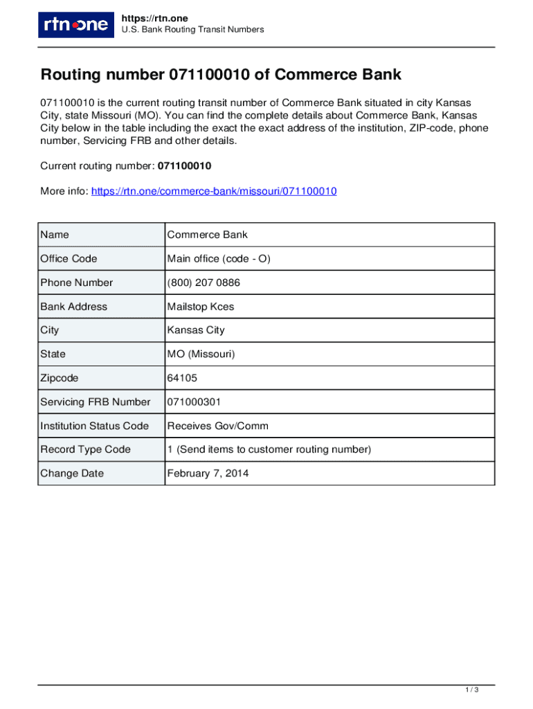 Fillable Online 071100010Routing Number of Commerce Bank in Kansas City
