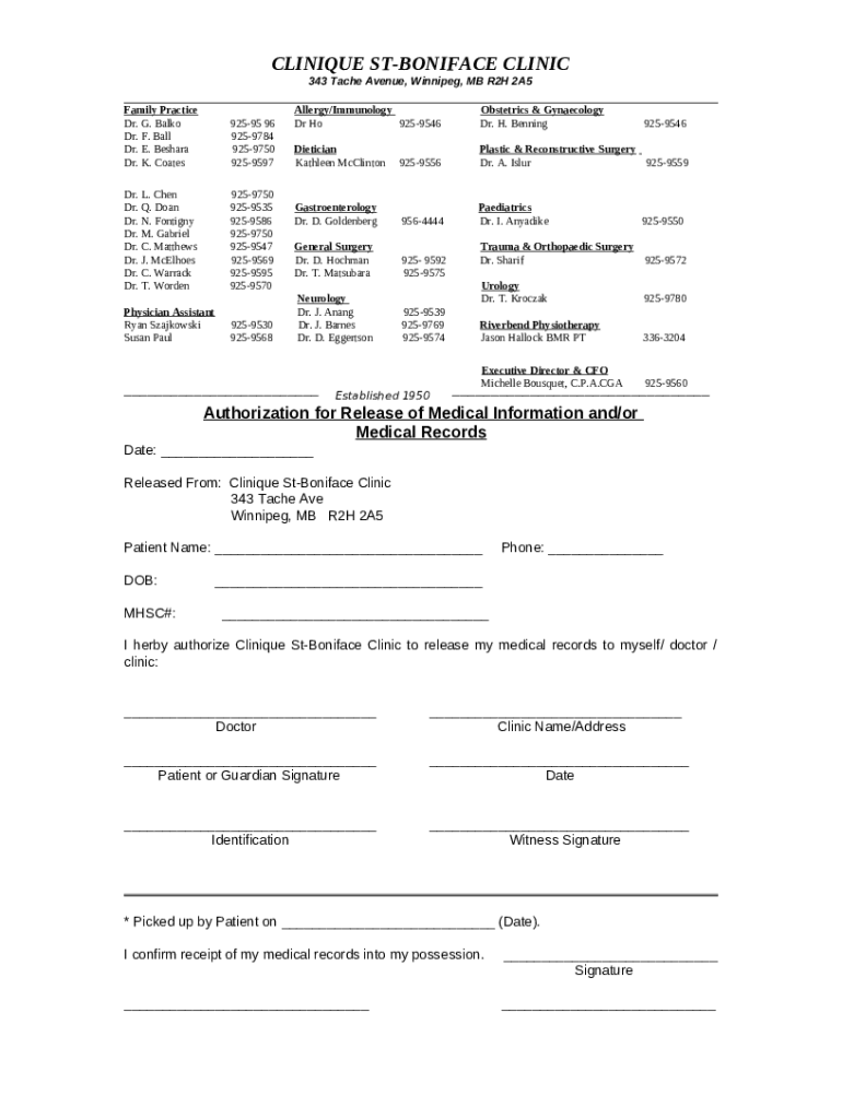Clinique St. Boniface ClinicWinnipeg Doc Template pdfFiller