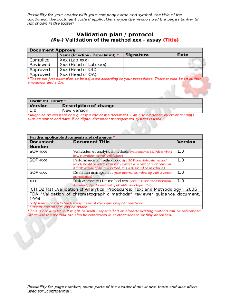 Template method validation plan assay Doc Template | pdfFiller