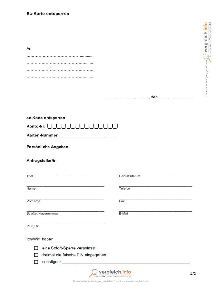 Ausfüllbar Online ec-Karte entsperren - Vorlage zum Download. Mit der Vorlage knnen Sie schnell 