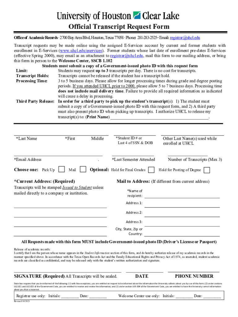 Fillable Online Official Transcript Request FormUniversity of Houston