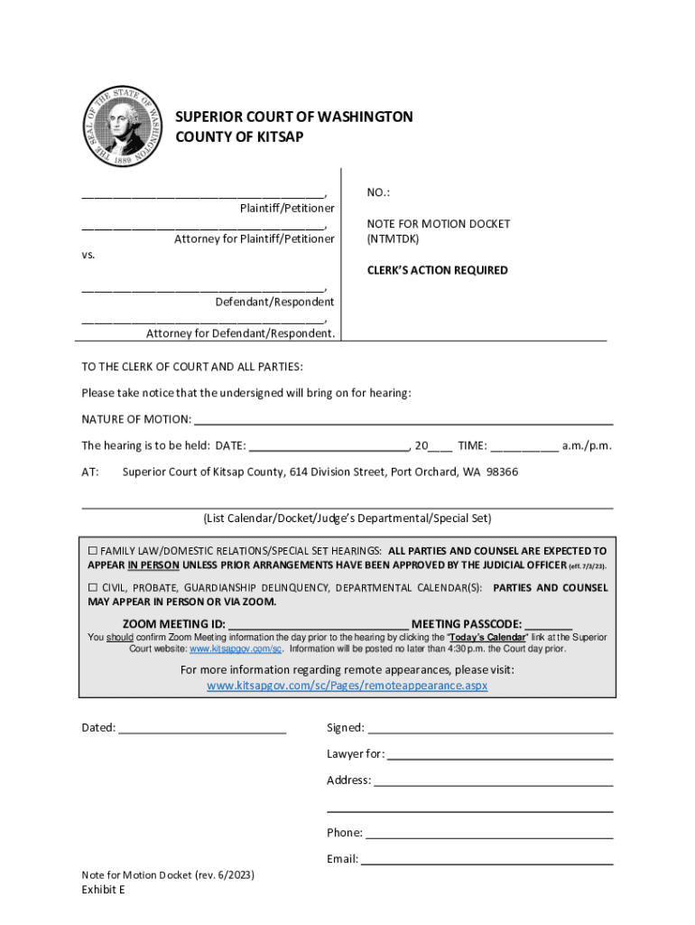 Fillable Online Note For Motion Docket Washington Superior Court
